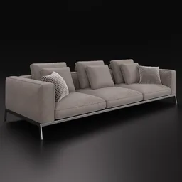 Realistic 3D model of a contemporary three-seater leather sofa with pillows, compatible with Blender 4.0 and earlier.