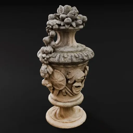 Intricately detailed Blender 3D model of a classic stone urn, featuring garlands and cherub faces, ideal for historic scene renders.