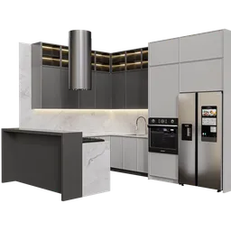 Contemporary 3D kitchen model with island, appliances, and cabinets, designed in Blender 3.6.