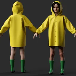 Child Girl in Yellow Raincoat & Boots