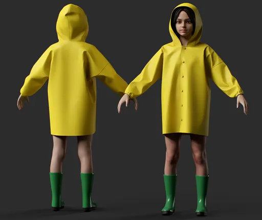 Child Girl in Yellow Raincoat & Boots