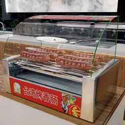 "3D model of a Sausage Roaster for retail shops and mini-markets, made in Blender 3D. Cycles ready. Display case with hot dogs on a grill, ideal for product showcasing. Created in 2019 by Miyamoto."