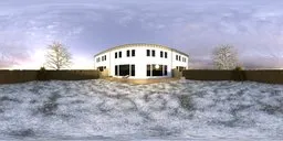 360-degree HDR panorama of a winter garden morning with a modern house, green lawn, trimmed hedges, and purple flowers.