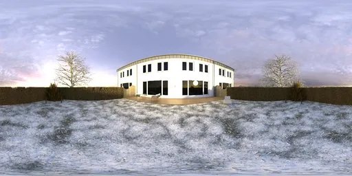 360-degree HDR panorama of a winter garden morning with a modern house, green lawn, trimmed hedges, and purple flowers.