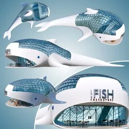 Innovative 3D-rendered fish-shaped restaurant design with steel framework, plaster finish, and glass elements for Blender 3D projects.