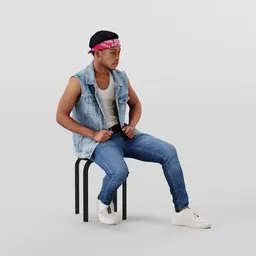 Stylish 3D model of a seated young man in a bandana and denim vest, designed for Blender with a relaxed yet edgy posture.