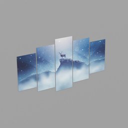 "Modern 5 piece canvas wall print set featuring stunning night time imagery of a deer in the mountains. Perfect for adding an elegant touch to any home or office decor. Created with Blender 3D software."