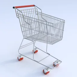Detailed 3D rendering of a metal shopping cart with red accents, suitable for Blender 3D projects.