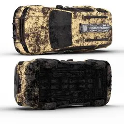 Detailed 3D model of a weathered, post-apocalyptic taxi with procedural textures, compatible with Blender.