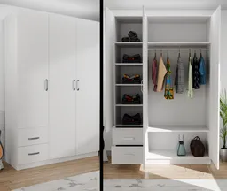 Detailed 3D model showcasing a white wooden home cabinet with open drawers revealing clothes and shoes, compatible with Blender.