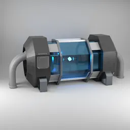Detailed 3D render of a futuristic plasma energy generator with emissive blue core, designed for Blender.