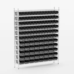 Highly detailed Blender 3D model showcasing multi-tier metal storage with organized bins, perfect for industrial scene setups.