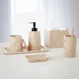 "5 Piece Bathroom Accessory Set in 3D Eco Brutalist Style made by Amalia Lindegren using Sustainable Materials. Official Product Image includes a Top Lid Straw and Mineral Grains with Marbled Veins. A Trending, Well-designed and Eco-Friendly Theme perfect for Blender 3D."