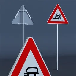 "Danger Road Sign with Soft Verges and Honeycomb Texture - 3D Model for Blender 3D. This geometric 3D render features two signs on a pole, a car, and a honeycomb texture for reflection. Perfect for creating realistic road scenes in Blender 3D with a touch of ominous atmosphere."