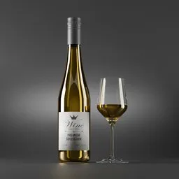 3D rendered white wine bottle next to filled glass, perfect for Blender 3D visualization projects.