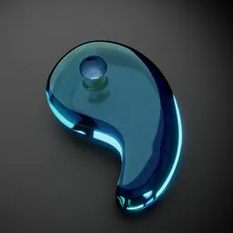 "Magatama 3D model for Blender 3D - Cyberpunk-inspired supply for concept art featuring sleek curves, metallic buttons and neon backlit, in black, cyan, gold and aqua colors. Yin-yang shaped object with a ring, suitable for tattoo design or as a marijuana smoking accessory."