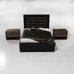 Detailed 3D model of a classic bed with two nightstands, featuring tufted headboard and luxurious bedding, compatible with Blender.