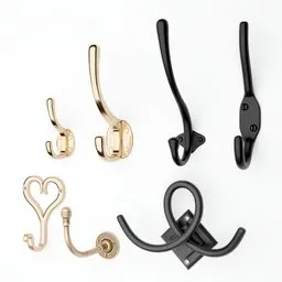 "Handmade coat hooks on a white surface, featuring unique styles like Farnborough, Hemley, and Chandler. Black gold color scheme adds a touch of elegance. Perfect for adding a romantic touch to any room. Created using Blender 3D software."