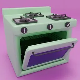 Detailed Blender 3D gas stove model with oven and burners, showcasing intricate design and realistic materials.