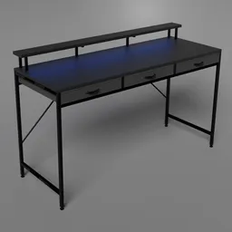 Realistic 3D model of a sleek black computer desk with drawers and LED lighting, suitable for Blender rendering.