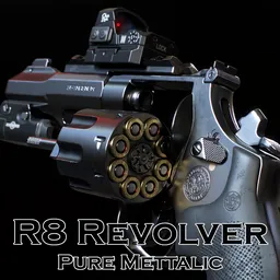 Detailed R8 Revolver 3D model with scope and flashlight, game-ready for FPS, high-poly textures, animation-ready for Unreal/Unity.