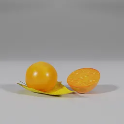 "Aguaymanto fruit and leaf set in 3D for Blender 3D software - realistic flavor and gold accents inspired by Ma Yuan's Ukiyo-style. Half a tomato and half a leaf with fluffy orange skin and peeled lemons scattered on the ground, reminiscent of a Pixar scene."