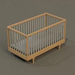 Detailed wooden 3D baby cot model with slats and realistic 2K texture using Blender.