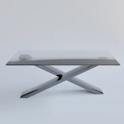 Detailed 3D rendering of a modern glass table with a sleek steel support structure, perfect for contemporary interiors.