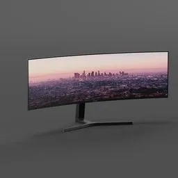 "Samsung S49A950U 49-inch curved ultrawide monitor 3D model for Blender 3D - sleek and minimalistic design with detailed rendering, featuring a city in the background and an anamorphic wide angle lens for a galactic feel."