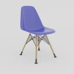 "3D model of a sleek chair with wooden legs and metal frame, rendered in Blender 3D. Simple design featuring a blue seat and violet spiders for added interest. Ideal for transportation or interior design visualization projects."