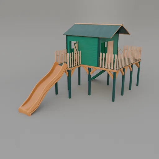 Detailed Blender 3D model of a raised playhouse with slide and fence, ideal for playground scenes.