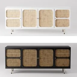 "Ida Woven Media Cabinet - A close-up of a rattan-designed sideboard in a mid-century style with an old TV and radio hardware. This concept image showcases interconnections and features a triptych display, adding a touch of sophistication to any bedroom. Ideal for Blender 3D users seeking a high-quality 3D model for their projects."