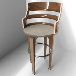 High-quality wooden kitchen bar chair 3D model with footrest, designed for Blender renderings and visualizations.