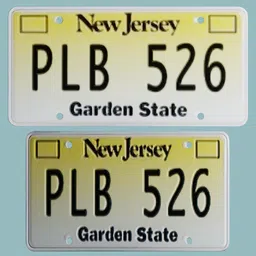 3D model of a New Jersey vehicle license plate in medium resolution, suitable for Blender rendering.
