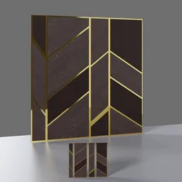 Alt text: "Golden & Brown 3D panel model for Blender featuring a wooden cabinet with a gold metal frame, geometric triangles, and metallic bronze skin. Perfect for wall decoration. Inspired by Frederick Hammersley and Leon Wyczółkowski."