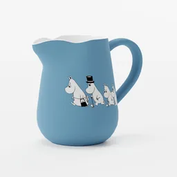 3D model of a blue milk jug featuring Moomin characters, designed for Blender rendering.