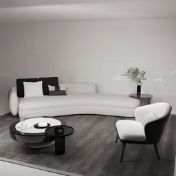 Detailed Blender 3D model of modern white sectional sofa with black accents, paired with armchair and coffee table.