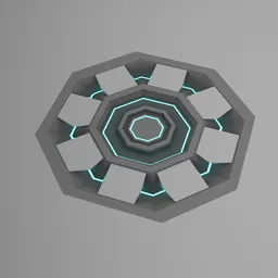 "Scifi Decal 003- A futuristic circular object with a blue light, created with Decal Machine in Blender 3D. Perfect for game art, symmetrical outposts, and futuristic government chambers. Inspired by Eden Box, this untextured model features a connector and a light grey backdrop, captured with extremely high aperture."