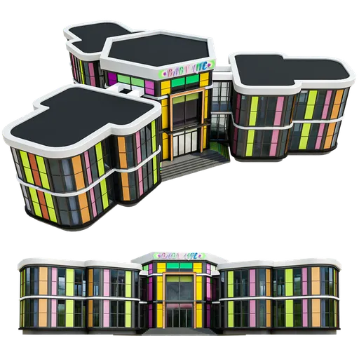 Colorful, modern 3D model of a kindergarten with unique architecture, designed in Blender 3D by M3D.