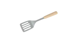 Realistic 3D model render of a kitchen spatula with wooden handle, optimized for Blender CG visualizations.