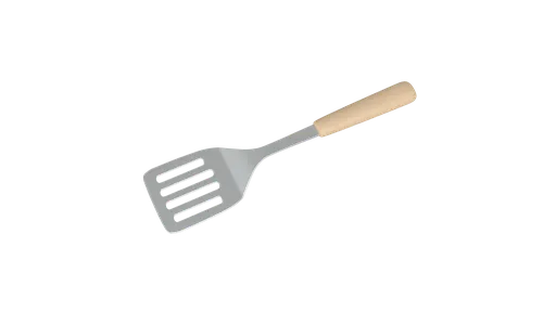 Realistic 3D model render of a kitchen spatula with wooden handle, optimized for Blender CG visualizations.