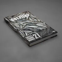 3D rendered image of a magazine with a fish cover design, created using Blender software.