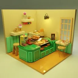 Detailed Blender 3D bakery model with pastries, cakes, juicers, espresso machines, and cozy interior design elements.