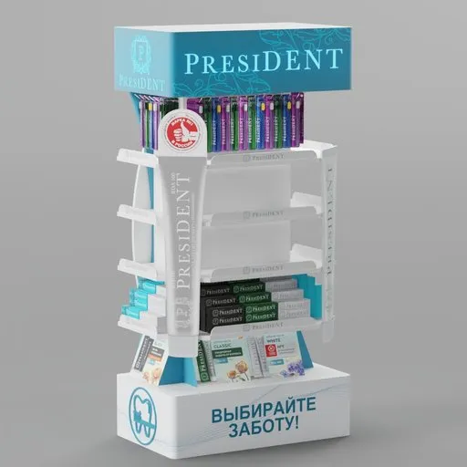 Detailed Blender 3D model of a tiered toothpaste display stand with multiple shelves and branded signage.