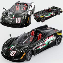 Detailed 3D model of a black and red rigged Pagani-style race car with number 10, ready for animation and close-ups in Blender.