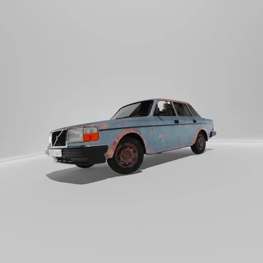 Detailed high-poly 3D model of a rusty vintage Volvo car with exterior and lights, suitable for Blender.
