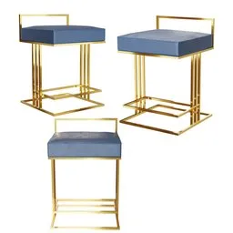 Realistic Blender 3D model render of a modern bar stool with gold frame and blue cushion.