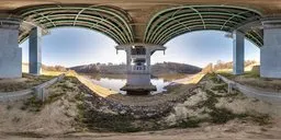 360-degree panoramic HDR image showing daylight river scenery with bridge architecture for realistic lighting in 3D scenes.
