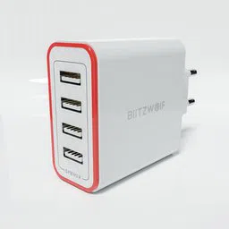 Highly detailed 3D model of a four-port USB charger with red accents created in Blender.