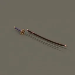 Highly detailed Blender 3D model of a Japanese katana with intricate hilt design and sharp blade.
